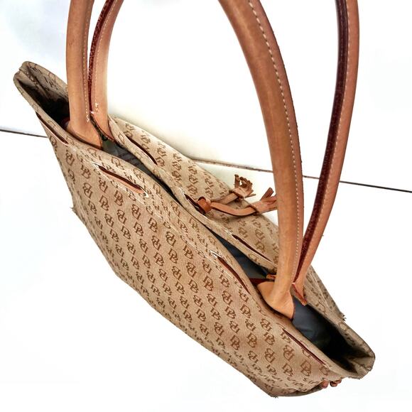 Y2K Dooney Monogram Canvas Tote | Preppy Neutral Shoulder Bag with Leather Trim - Picture 8 of 16